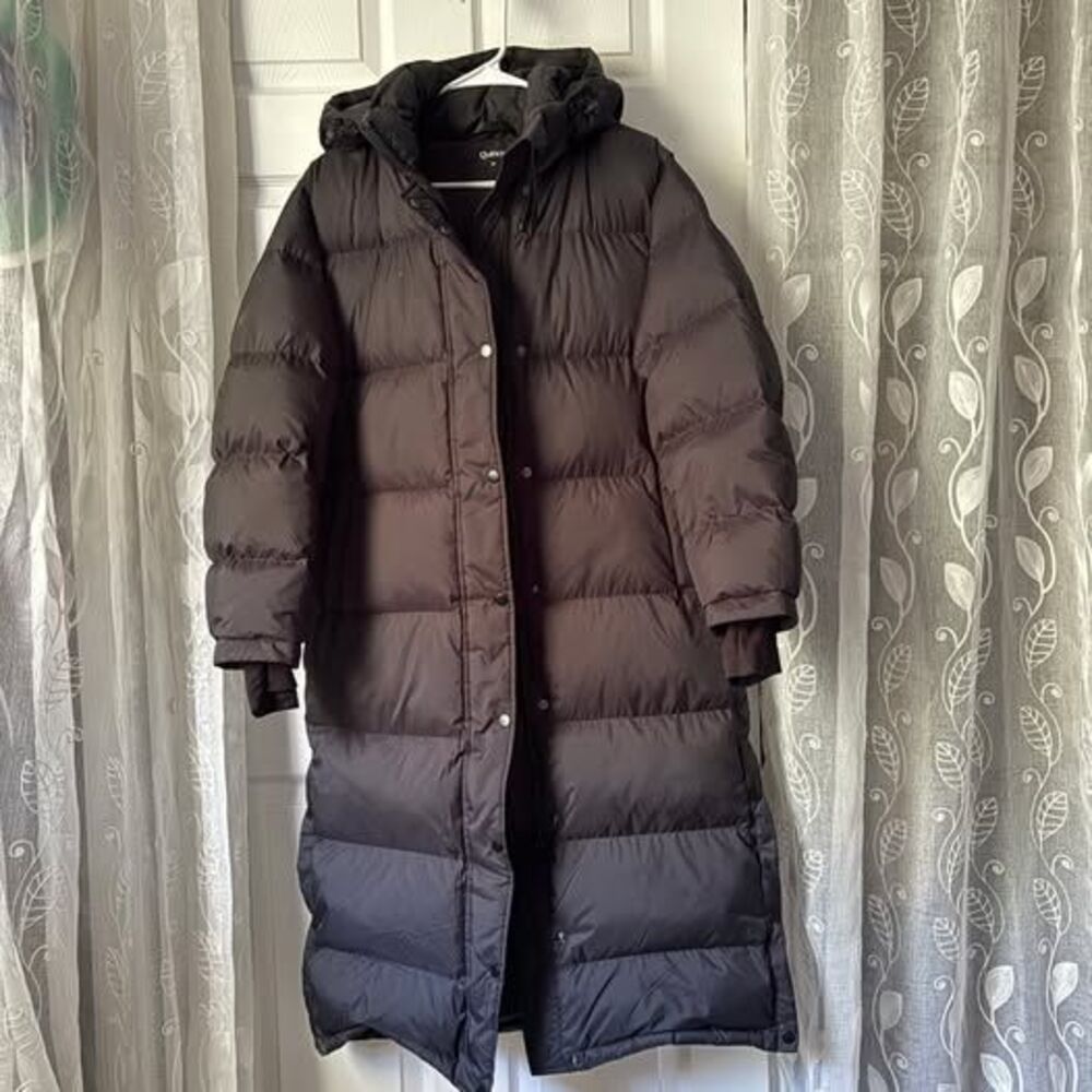 Quince Goose Down Long Warm Winter Puffer Parka Coat Womens Sz M Hooded Full Zip